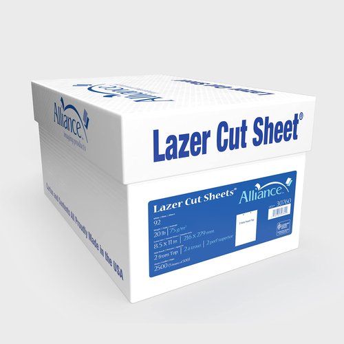 Prepunched Paper Alliance Laser Cut Sheet 2 Hole Top Punch 8.5 x 11 inch, 20 lb, 92 Bright, 2500 Sheets