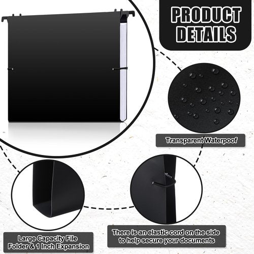 Trandraft 24 Pack 1'' Expansion Plastic Extra Capacity Hanging File Folders Letter Size Accordian Pocket Heavy Duty Filing Cabinet Folders with Insertable Tabs for Office Home Bulky Files, Black