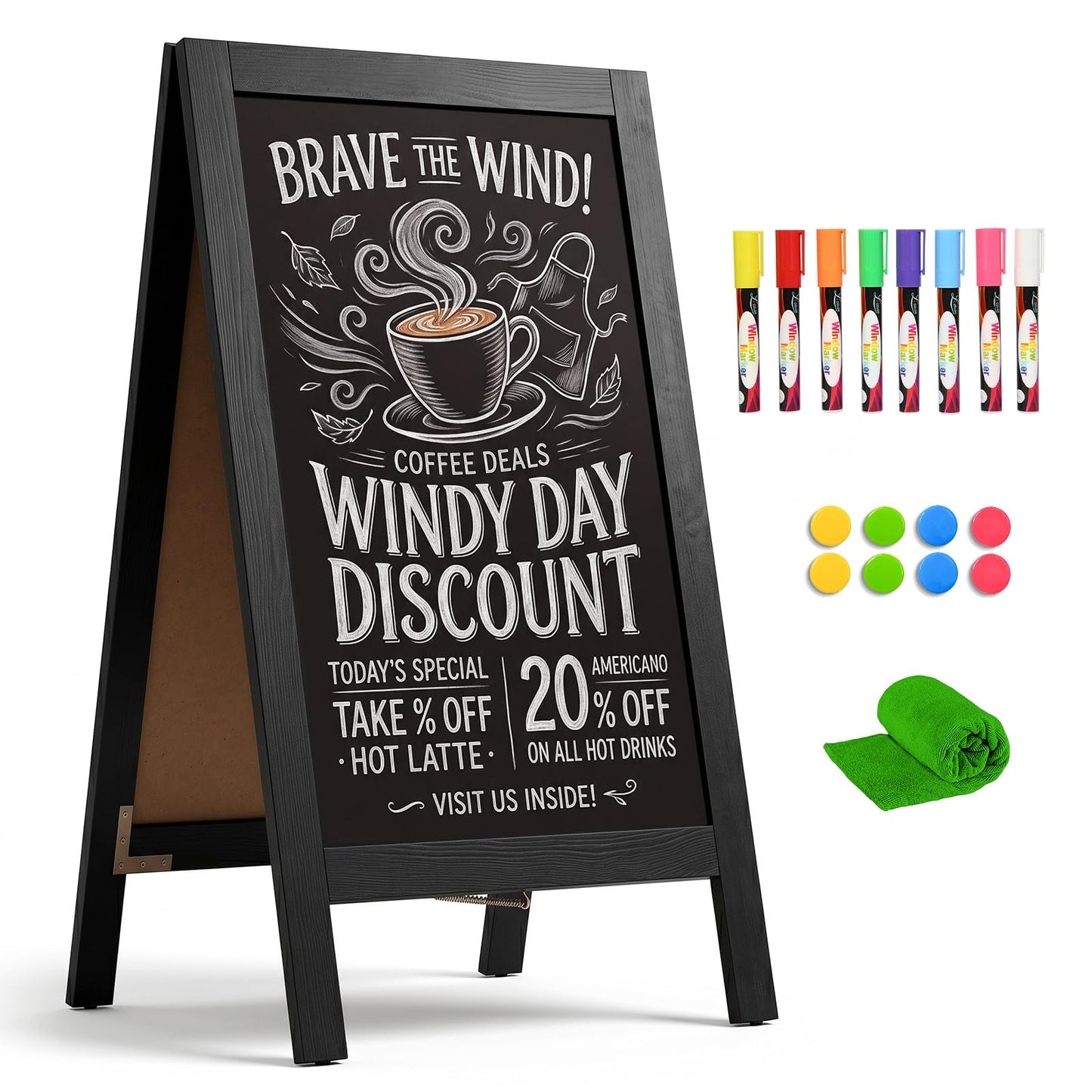 4 THOUGHT A-Frame Double-Sided Magnetic Chalkboard 40"x20", Solid Pine Wood Freestanding Sandwich Board for Restaurants, Cafes, Weddings (Black)