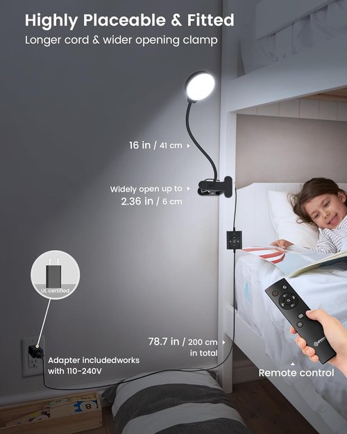 Glocusent 5W Reading Light - 36 LED Eye-Caring Bed Lamp with 3 Colors & 5 Brightness Levels | Black with Remote