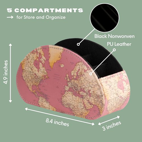 LINKWELL Remote Control Holder for Table, PU Leather TV Controller Holder with 5 Compartments for Cosmetics Office Supplies, Gifts for Women Boysfriend, Modern Pink World Map PH70