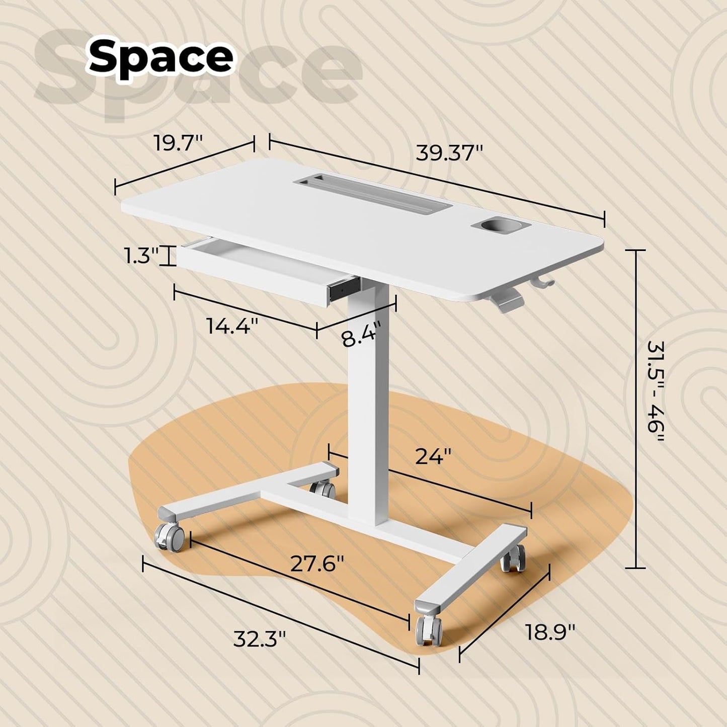 Skiennix Mobile Standing Desk - Height Adjustable with Drawer & Cup Holder | 40" White Rolling Workstation