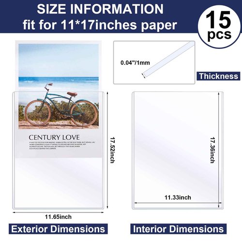 Sintuff 15 Pcs 11'' x 17" Rigid Print Sleeve Protectors Holder Plastic Sleeves Heavy Duty Sheet Protectors Clear Binder Sleeves Page Holder Magazine Sleeves for Photo Document Poster Comic