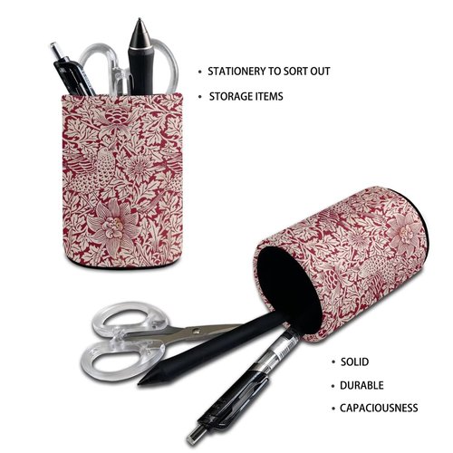 ZCFYGDX William Morris Flower Print Pen Holder Pencil Cup Container PU Leather Desk Organizer Stand Decor Makeup Brush Scissor Holder Decoration Office Desk Home Office Supplies Accessories