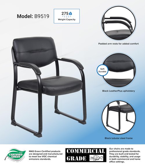 Boss Office Products Leather Sled Base Side Chair with Arms in Black