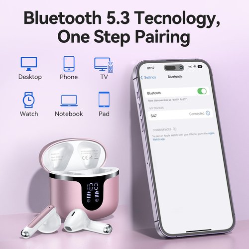 Wireless Earbuds Bluetooth Headphones 5.3 Stereo 50 Hour Playback Ear Buds with LED Display and with 4 ENC Noise Cancelling Mic Wireless Earphones, for Phone, Tablet, Laptop, Sports, Rose Gold
