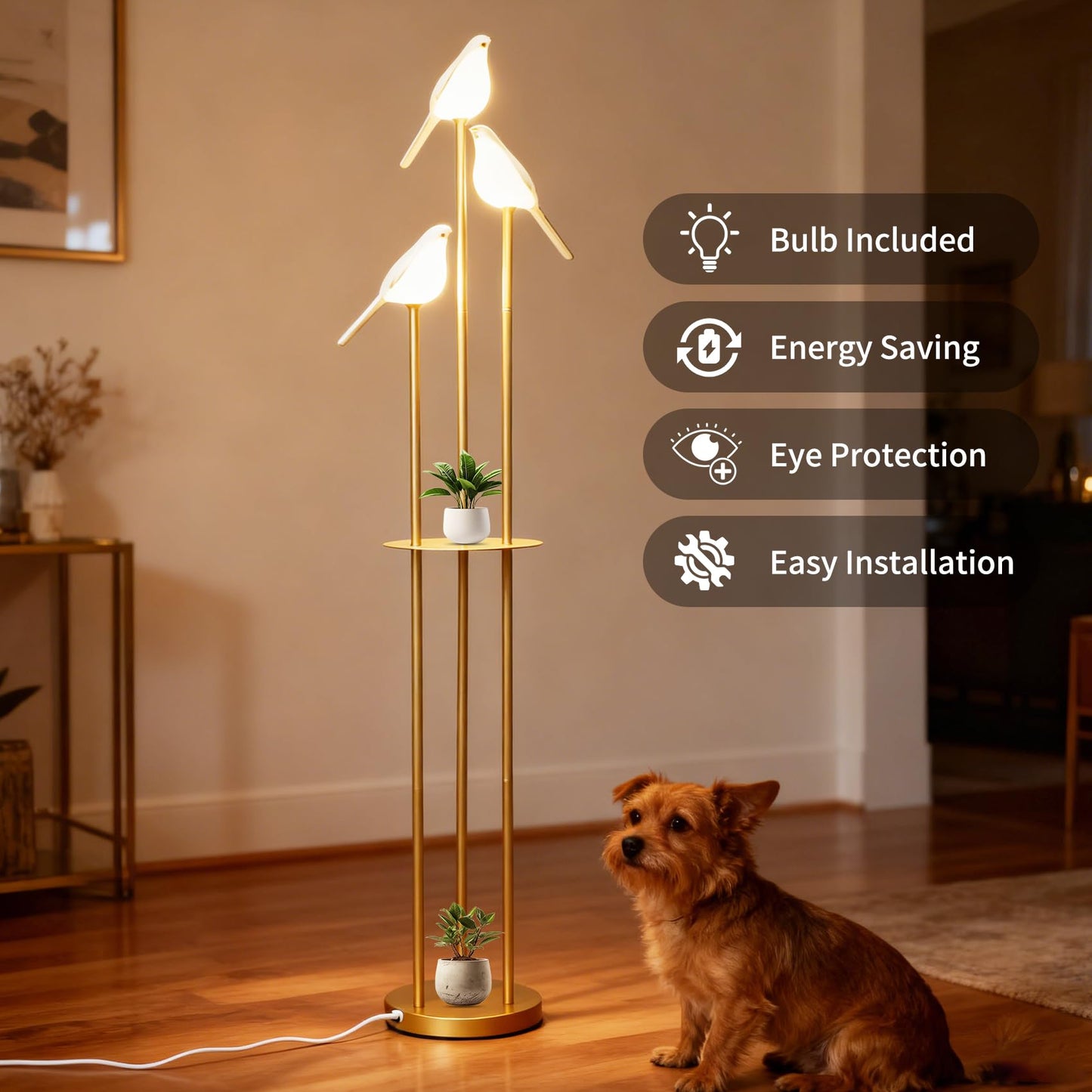 Deerift 𝑼𝒑𝒈𝒓𝒂𝒅𝒆 Unique Gold Floor Lamps for Living Room, with 3 Adjustable LED Bird Lights and Storage Shelf, Brightness Adjustable, Stand up Lamp for Bedroom Kids Room Office