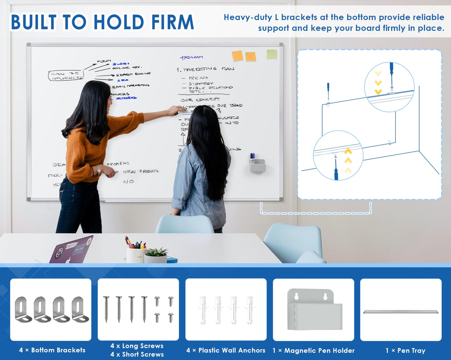 SWANCROWN Large Magnetic White Board 72 x 40 Inches with Thick Aluminum Frame, Large Dry Erase Board for Wall, with Magnetic Pen Holder & Long Marker Tray for Conference Room