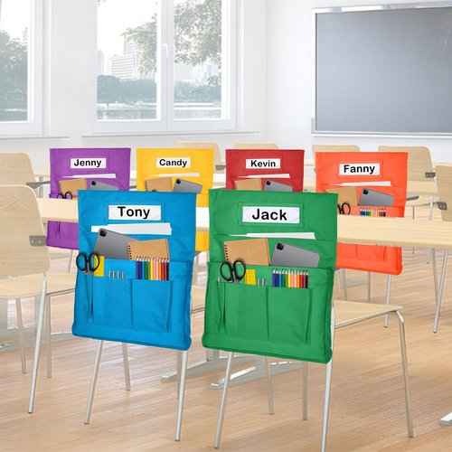 12PCS Chair Pockets for Classrooms, 15.3 x 19.3 Inch Chairback Buddy Organizer with 6 Pockets & 6 Bright Colors, Large Ample Back of Chair Seat Storage with Name Slot for School, Kindergarten, Home