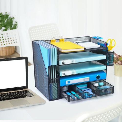 lemonsea Desk Organizers with File Holder, 5-Tier Paper Organizer Letter Tray with Sliding Drawers and Extra Pen Holder, Mesh Desktop File Organizer for School Office Supplies, Black.