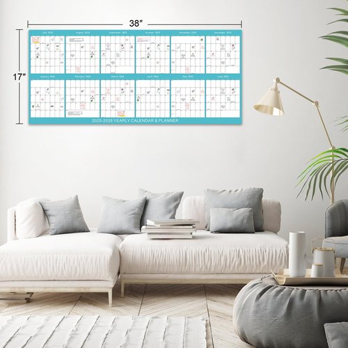 Laminated Erasable Calendar 2025-2026 - 17'' x 38'' Dry Erase Calendar for Wall, July 2025 - June 2026, Reversible, Double Sided, Horizontal/Vertical, Wall Calendar 2025-2026 Perfect for Home School Office