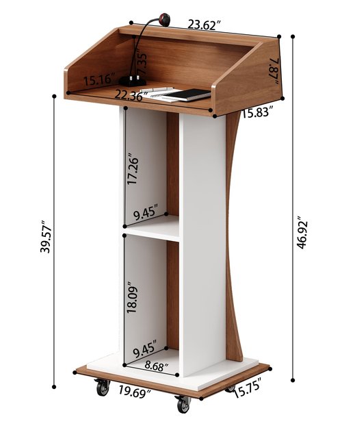 Mobile Wooden Podium Stand with Lockable Wheels Modern Presentation Blockboard Lectern Black Walnut Color with Storage Shelves for Office, Church, Classroom, Conference Room