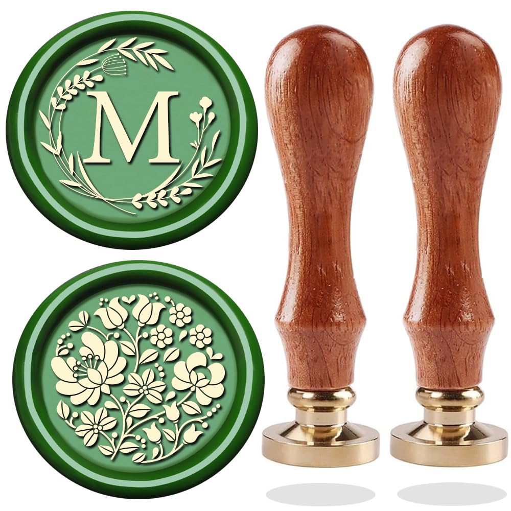 WUERLIN Letter Alphabet M Wax Seal Stamp, Wicker Eucalyptus Initial Sealing With Flower for Wedding Invitation, Gift Wrap, Envelopes, Christmas Card