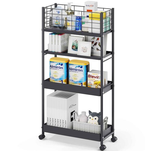 KINGRACK Slim Storage Cart, 4-Tier Metal Utility Rolling Cart with Wheels,Bathroom Organizer, Skinny Rolling Trolley, Mobile Shelving Unit for Office, Laundry Room, Narrow Place, Black