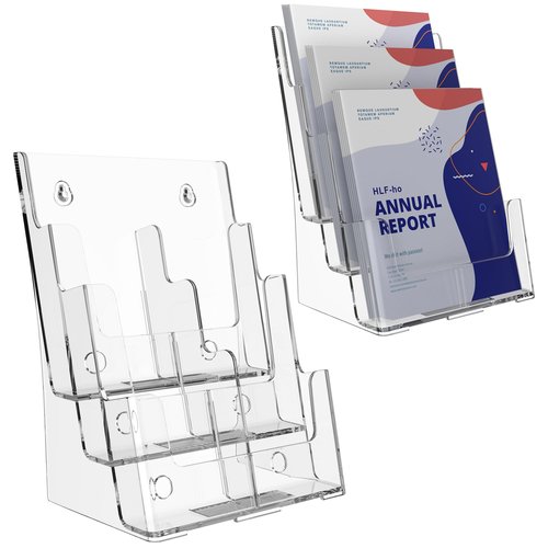 HLF-ho Brochure Holder 8.5x11 Inch 3 Tier with Removable Divider for 4x9 inch Clear Acrylic Pamphlet Display Stand Holder Countertop Use or Wall Mount for Office, Lobby, Hotel, Trade Show, 2 Pack
