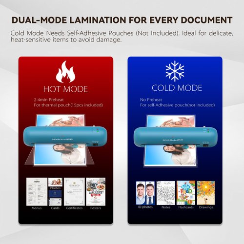 Laminator Machine 9-Inch Portable Thermal Laminater with Hot & Cold Modes, A4 Small Laminating Machine with ABS Jam-Release, 3-Min Warm-Up, 6-in-1 Photo Laminator Kit for Office & Classroom Blue-Gray