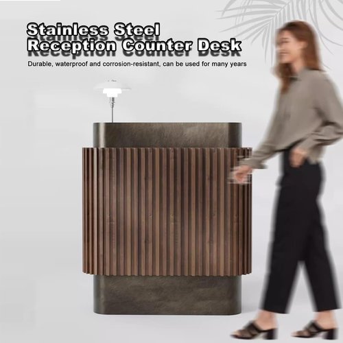 JCSRYD Office Reception Desk Counter, Stainless Steel Reception Room Table, Front Desk Furniture Nail Hair Beauty Salon Spa Restaurant(Brown)
