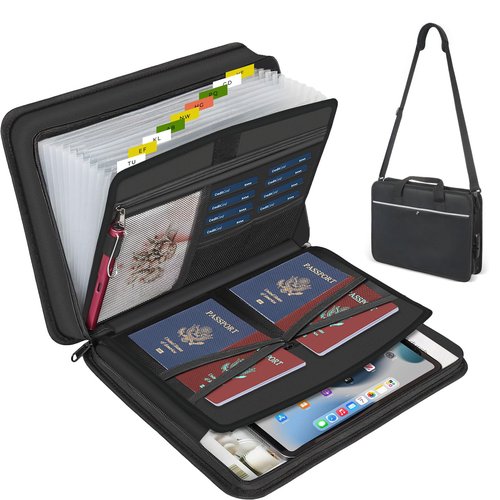 XIAODUN Accordion File Organizer with Lock and Shoulder Straps,Fireproof Waterproof Document Organizer Folder with Handle, Portable Large Capacity File Holder for Home Office School