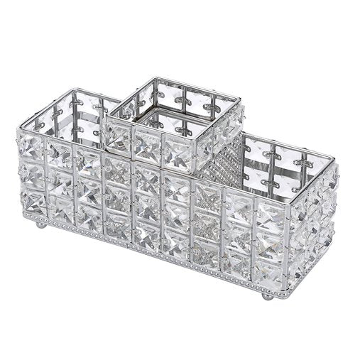 Hipiwe Crystal Remote Control Holder Bling Makeup Brush Holder Organizer Desktop Cosmetics Brushes Storage Cup Pen Pencil Storage Pot Cup for Dresser Bathroom Office, 3 Slot
