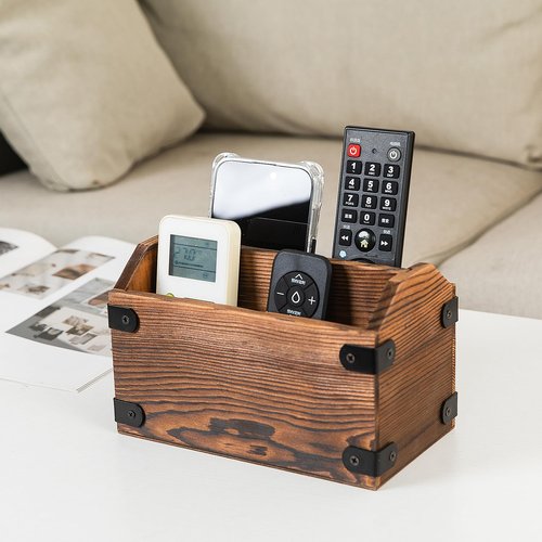 ExoLiry Brown Torched Wood Remote Control Organizer Burnt Wooden Tabletop Storage Caddy Two Compartment Holder TV Game Consoles Cell Phone Kitchen Utensils Office Supplies Living Room Home Bedroom