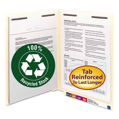 Smead 100% Recycled End Tab Fastener File Folder, Shelf-Master Reinforced Straight-Cut Tab, 2 Fasteners, Letter Size, Manila, 50 per Box (34160)
