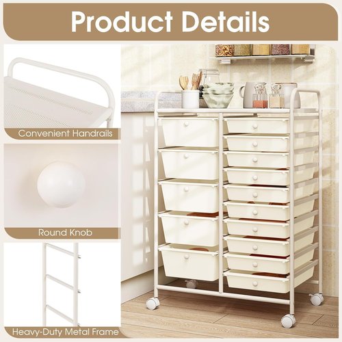 HOMGX 15-Drawer Storage Rolling Cart, Multipurpose Utility Storage Cart w/ 4 Lockable Wheels & Removable Drawers, Plastic Drawer Organizer for Office, Supermarket, Home, School (White)