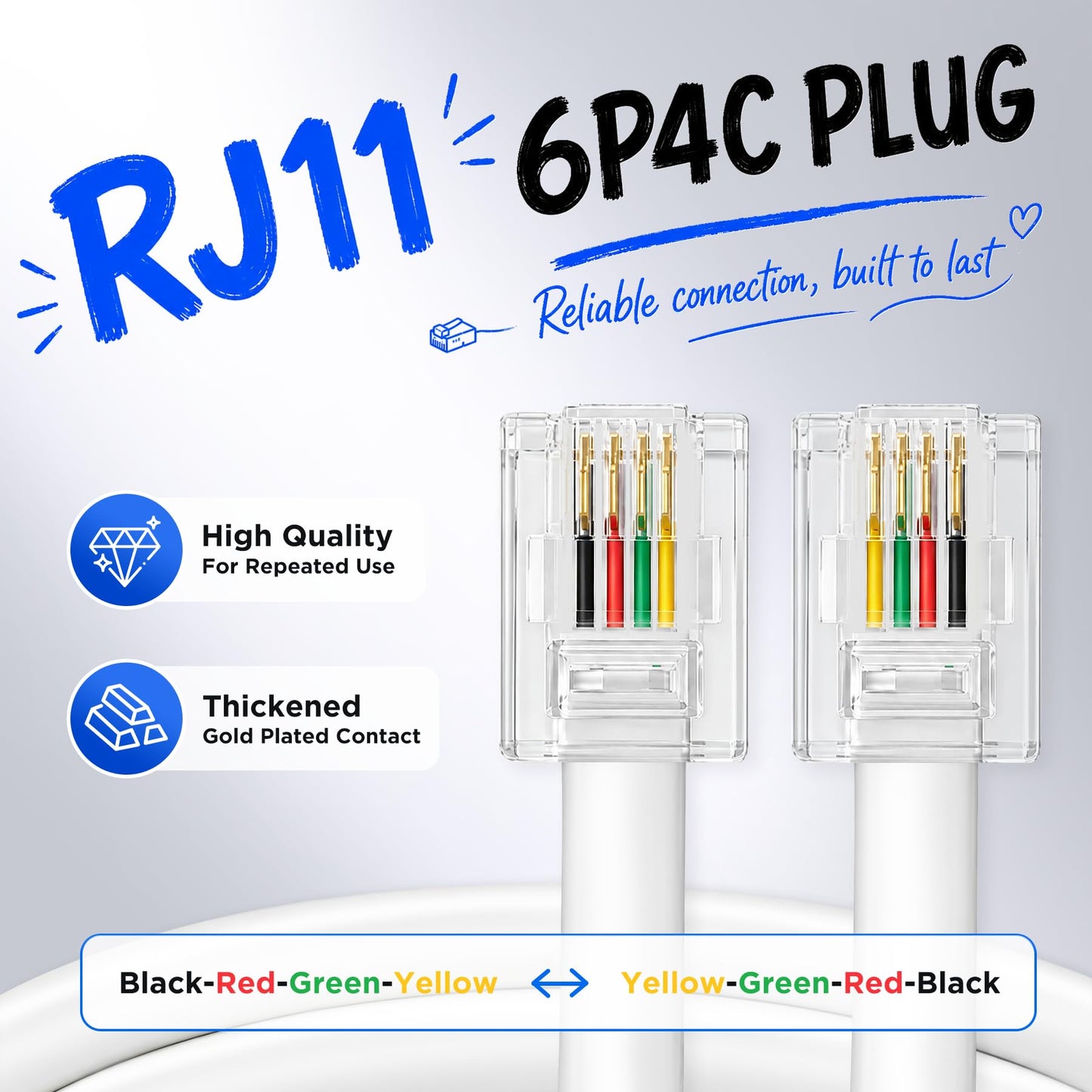 Uvital 50FT Phone Extension Cord RJ11 with Coupler & Cable Clips, White