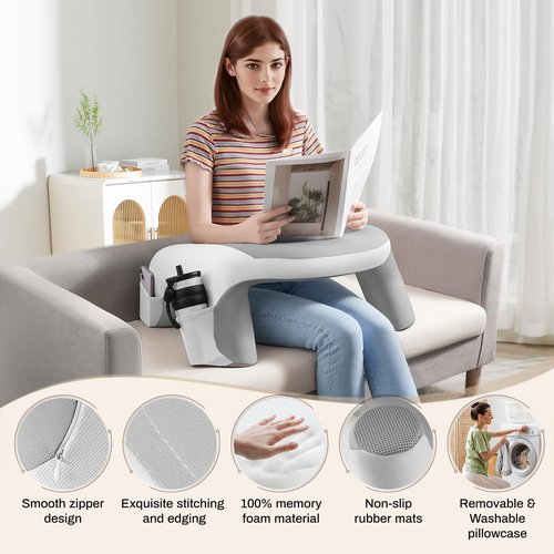 WOGAHEV Laptop Lap Desk, Reading Pillow for Bed, Memory Foam Arm Rest Support Gaming Pillow with Cup/Phone Pocket, Laptop Lap Desk for Working, Gaming, Reading on Couch Bed Floor- White