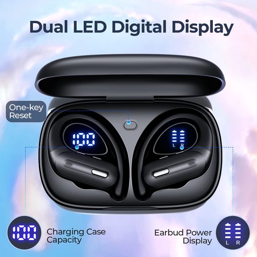 Wireless Earbuds Bluetooth 5.3 Headphones 90 Hrs Playtime Ear Buds with Wireless Charging Case Power Display Over-Ear Earphones with Earhooks Waterproof Stereo Headset for Android Phone Workout Black