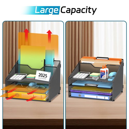 ReePlan Desk File Organizer, Desk Organizers & Accessories with 4 Trays and 2 Vertical Upright Sections, for Student & Teacher, Office, School, Home Black