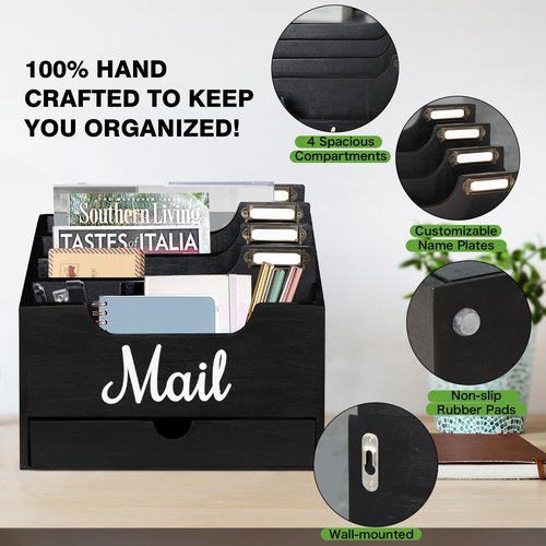 Gumihue Mail Holder with 4 Large Compartments and Drawer, Wood Mail Holder Sorter Holder,Countertop Desk Office Accessories for File Letter Paper Folder, Drawer Storage