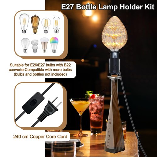 2 PCS Bottle Lamp Kit，DIY Wine Bottle Lamp for Liquor Bottle, Lamp Kits Do it Yourself, Lamp Fittings Kit for Table Lamp Includes 3 Sizes of Stoppers and 2 E27 to B22 Adapter Converter