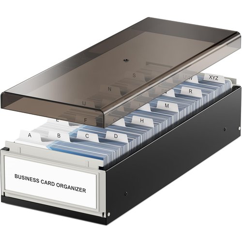 MaxGear Business Card Holder for Desk, Large Plastic Business Card Organizer Box, Credit Cards Holder File Box Storage, Capacity: 800 Cards (3.5” x 2.2”), A-Z Tabs, Metal Structure, Black
