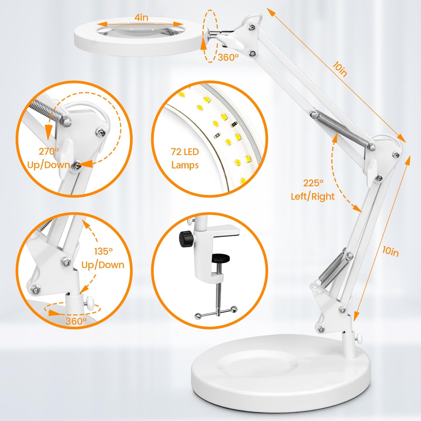 KIRKAS 10X Magnifying Glass with Light and Stand, 2-in-1 Stepless Dimmable LED Desk Lamp with Clamp, 3 Color Modes Lighted Magnifier Swivel Arm Light for Reading, Craft, Close Works - White