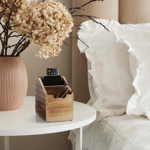 BWODYAY Remote Control Holder, TV Remote Holder, Wood Farmhouse Remote Caddy for Table, Remote Organizer Caddy with 3 Slots, Remote Storage Box for Home Office, Burnt Wood