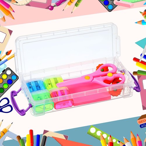 Zonon Large Capacity Pencil Box Stackable Clear Plastic Storage Organizer Painting Brush Storage Box Translucent Watercolor Pen Case with Snap Button Lid（Purple, 12 Pcs）