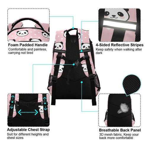 MNSRUU School Backpack with Chest Strap, Dot With Cute Panda Laptop Backpack, Travel Hiking Backpack for Boys Girls, Rucksack, Knapsack
