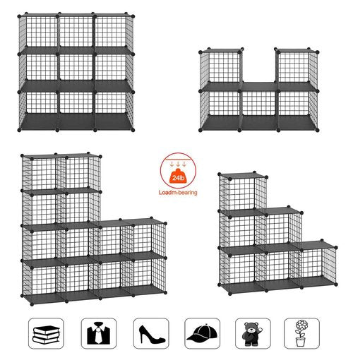 HUBSON Wire Cube Storage Organizer, Book/Toy/Craft/Potted Plants and petCloset Organizers and Storage Shelves, 12-Cube Freely Combinable Metal Grids Storage Shelf,Black Plus Iron