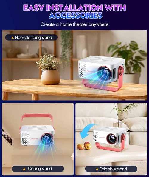 Irosiy Smart Mini Projector with WiFi and Bluetooth, Auto Focus & Keystone Portable Outdoor Projector, VOPLLS Native 1080P 4K Supported Home Movie Projector (White Red)