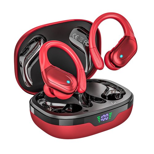 HAOYUYAN Wireless Earbuds, Sports Bluetooth Headphones, 80Hrs Playtime Ear Buds with LED Power Display, Noise Canceling Headset, IPX7 Waterproof Earphones for Workout/Running Red