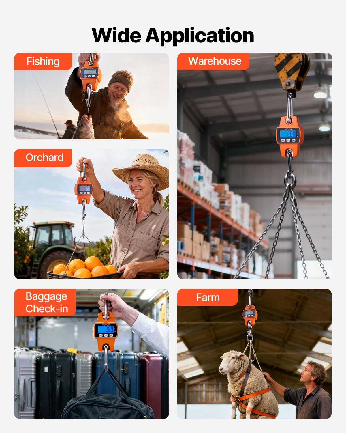 VEVOR Digital Crane Scale - 660 lbs Heavy Duty Hanging Scale with LCD Screen & Hooks | Orange