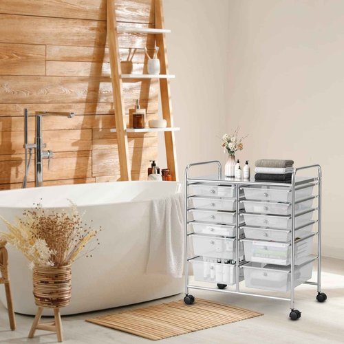 OFFICEJOY Storage Cart, 12 Drawer Rolling Organizer Cart with Large Capacity, Portable Carrying Handle & Lockable Wheels, Utility Cart for Tool Home Office School Beauty Salon Art Craft (White)