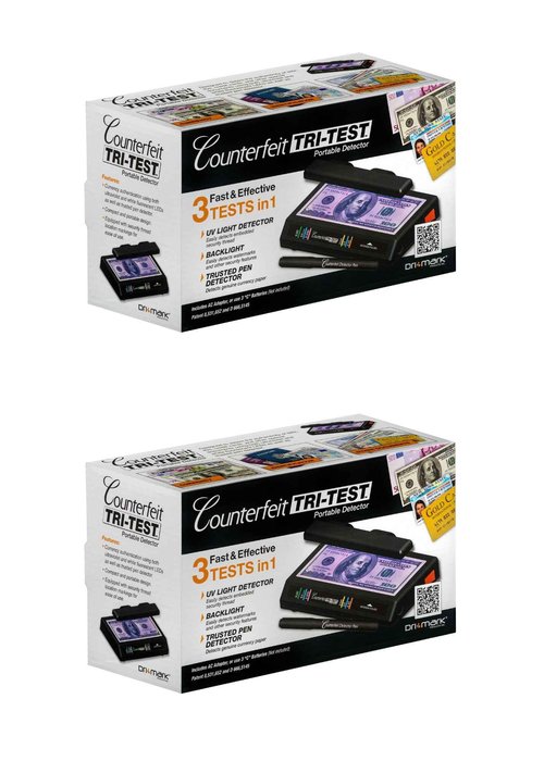 Dri Mark Tri Test 2.0 Counterfeit Bill Detector Machine w/AC Adapter - 2 Pack - 3 Tests in 1 - Paper, Security Strip and Watermark Tests, Accurate Money Tester Machine with Counterfeit Detection Pen
