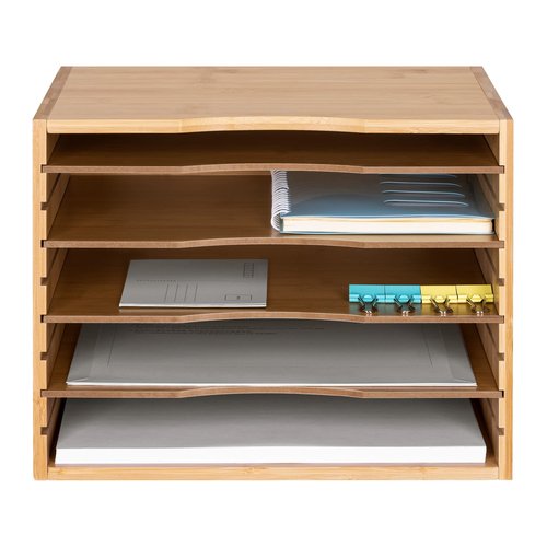 Navaris Bamboo Desk File Organizer - Paper Tray Letter Storage with 4 Adjustable Shelves - Desktop Inbox Trays - 13" Wide x 9.6" Deep x 10.2" High
