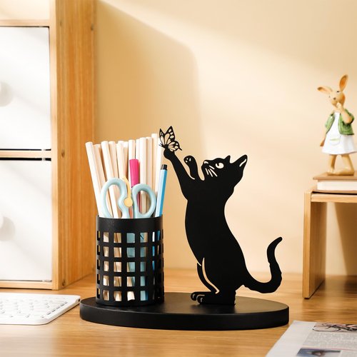 Tandefio Cat Pen Holder for Desk Cute Black Cat Pencil Holder Metal Desk Accessories Organizer Makeup Brush Pen Cups for Office Home Decor Table Centerpiece Lover Gifts Women