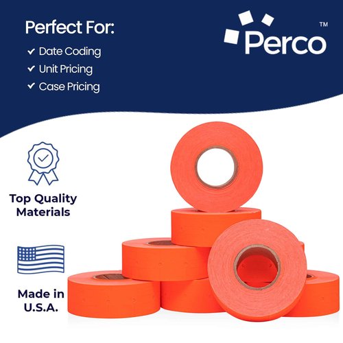 Perco 2 Line Fluorescent Red Labels - 32 Rolls, 4 Sleeves, 24,000 Blank Price and Date Gun Labels for Perco 2 Line Price and Date Guns - Made in USA