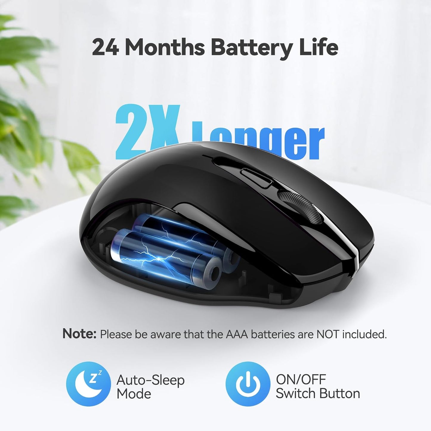 TECKNET Wireless Mouse - Ergonomic 2.4G Optical Design with 6 Buttons & 24 Months Battery Life - Black