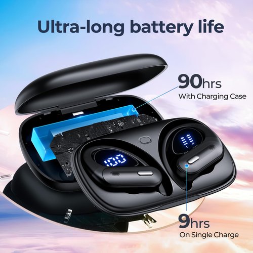 Wireless Earbuds Bluetooth 5.3 Headphones 90 Hrs Playtime Ear Buds with Wireless Charging Case Power Display Over-Ear Earphones with Earhooks Waterproof Stereo Headset for Android Phone Workout Black