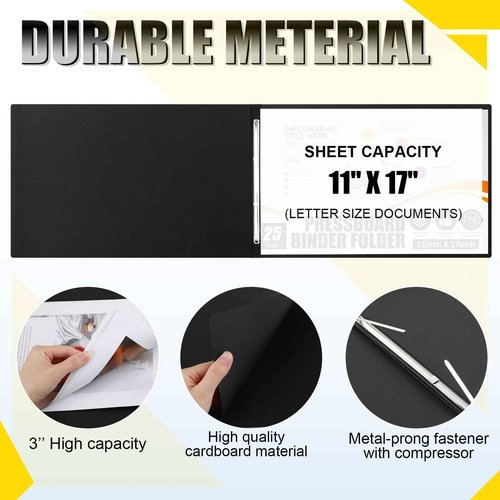 Resurhang 25 Pcs Pressboard Report Cover, 3" Capacity Presentation Binder Folder with Metal Prong Paper Fastener to Neatly Bind Reports Proposals Transcripts, Other Documents (11x17 Inch,Black)