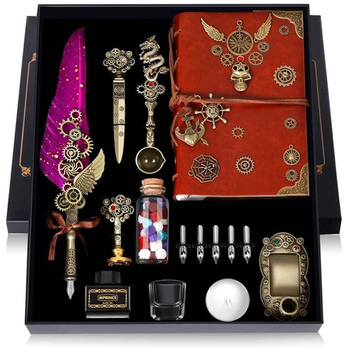 Quill and Ink Set With Quill and 5 Replaceable Nibs, Seal Stamp, Spoon, Wax Beads, White Wax, Pen Holder, Cup, Envelope, Letter Paper, Envelope Tool(purple)
